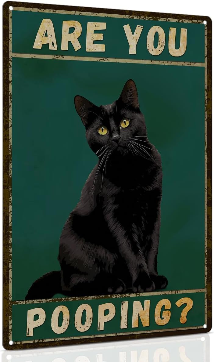 ALKB Funny Black Cat Sign Are You Pooping Metal Signs Black Cat Gift Vintage Bathroom Wall Decor 8 x 12 Inch - Image 1